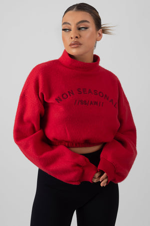 Oversized High Neck Embroidered Slogan Cropped Sweatshirt Red