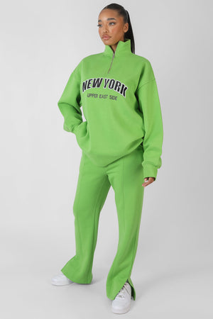 New York Half Zip Pullover Oversized Sweatshirt Green