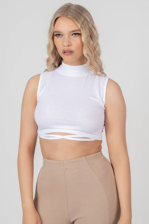 High Neck Strappy Waist Crop Top White