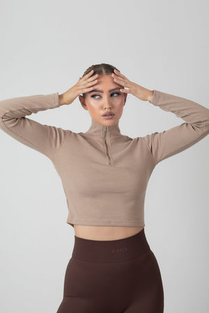 High Neck Half Zip Pullover Top Light Taupe