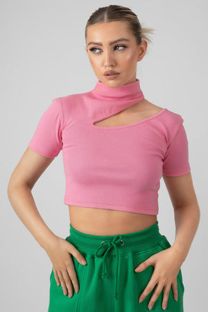 High Neck Ribbed Cut Out Cropped T Shirt Pink