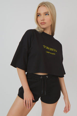 Embroidered Slogan Cropped T-Shirt Black