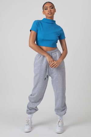 High Neck Ribbed Cropped T Shirt Blue