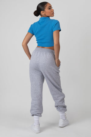 High Neck Ribbed Cropped T Shirt Blue
