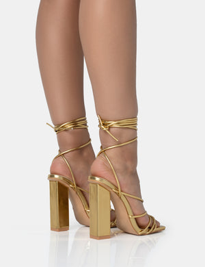 Nyla Gold Strappy Lace Up Square Toe Block Heels