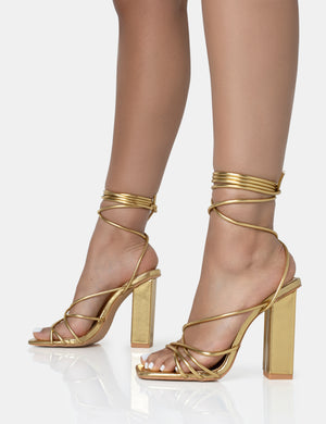 Nyla Gold Strappy Lace Up Square Toe Block Heels