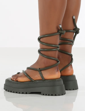 Amber x Public Desire Origin Khaki PU Chunky Sole Lace Up Sandal