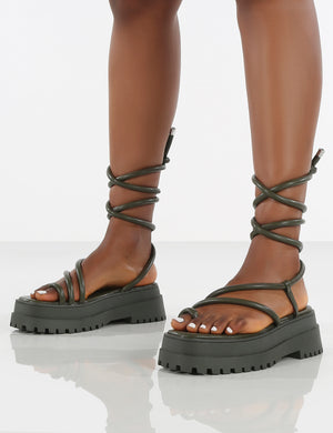 Amber x Public Desire Origin Khaki PU Chunky Sole Lace Up Sandal