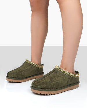 Tamsin Khaki Faux Suede Embroidered Slipper Boots
