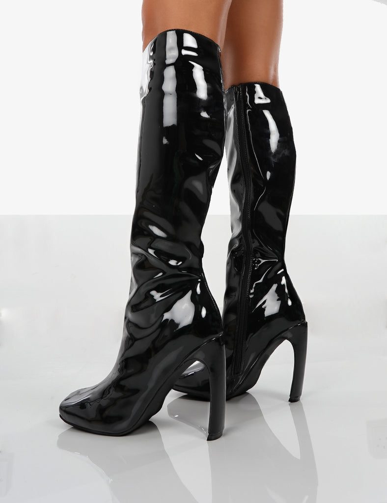 Peppa Black Patent Block Heel Knee High Boots | Public Desire