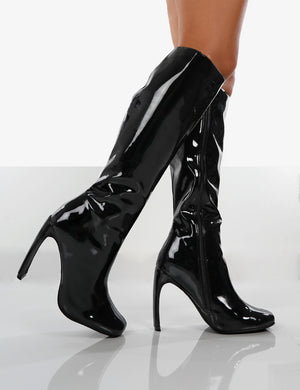 Peppa Black Patent Block Heel Knee High Boots