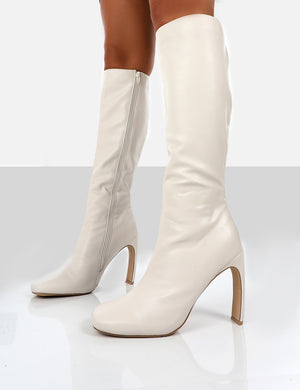 Peppa Ecru Block Heel Knee High Boots