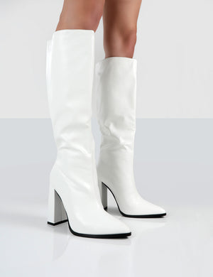 Posie White PU Knee High Block Heel Boots