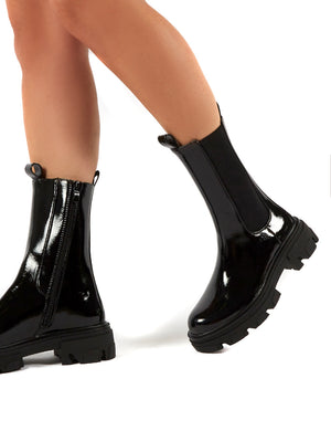 Recess Black Patent Chunky Sole Calf High Boots