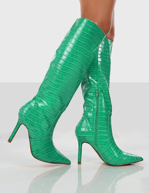 Rosalie Wide Fit Green Croc Heeled Pointed Toe Knee High Boots