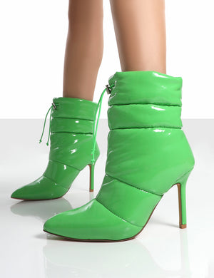 Reset Green Patent Puffer Drawstring Stiletto Heeled Boots