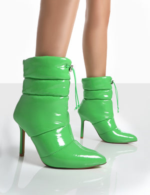 Reset Green Patent Puffer Drawstring Stiletto Heeled Boots