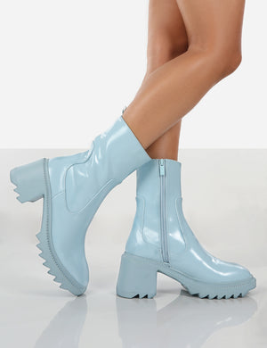 Sway Baby Blue PU Heeled Wellies Ankle Boots