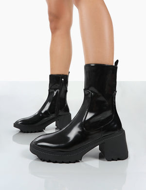 Sway Black PU Heeled Wellies Platform Chunky Sole Block Ankle Boots
