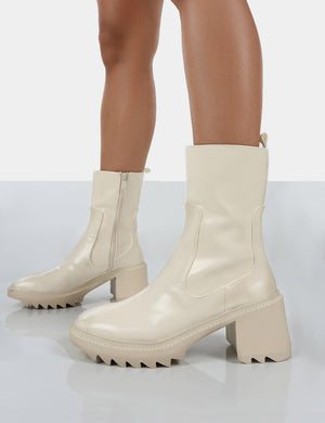 Sway Ecru PU Heeled Wellies Platform Chunky Sole Block Ankle Boots