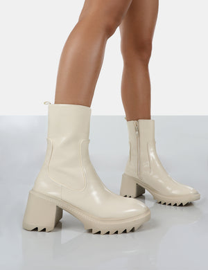 Sway Ecru PU Heeled Wellies Platform Chunky Sole Block Ankle Boots