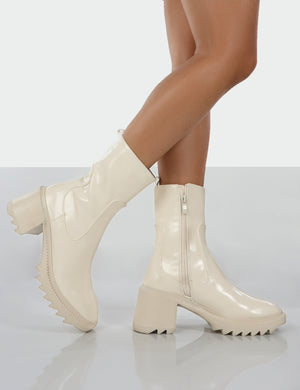 Sway Ecru PU Heeled Wellies Platform Chunky Sole Block Ankle Boots