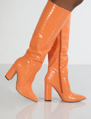 Scarlet Orange Croc Knee High Boots