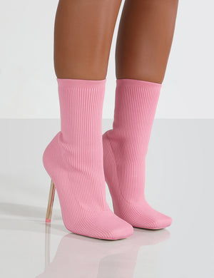 Souffle Pink Knit Stiletto Heel Sock Ankle Boot