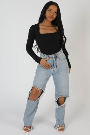 Underbust Seam Square Neck Bodysuit Black
