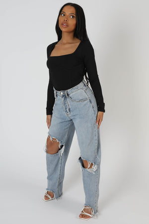 Underbust Seam Square Neck Bodysuit Black
