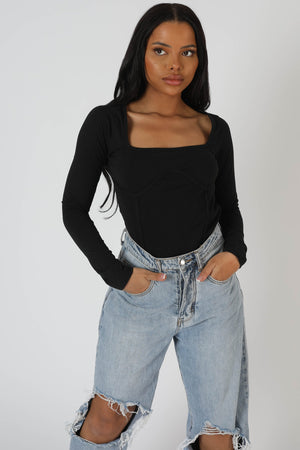 Underbust Seam Square Neck Bodysuit Black