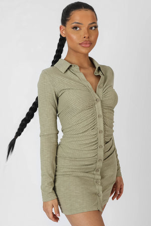 Button Front Ruched Dress Khaki