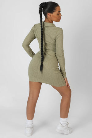 Button Front Ruched Dress Khaki