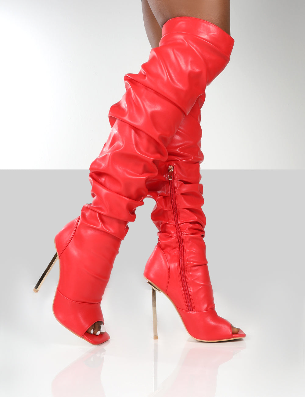 Red open toe thigh high boots sale