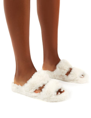 Teddi White Fluffy Double Strap Slider Faux Fur Slipper