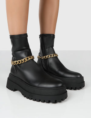 Tessa Black Platform Chunky Chain Detail Ankle Boots