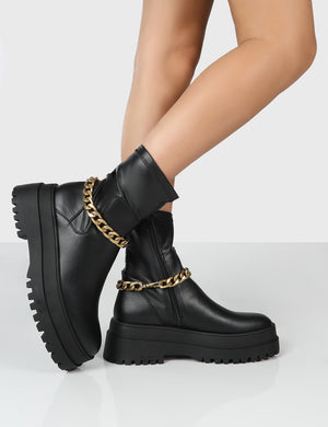 Tessa Black Platform Chunky Chain Detail Ankle Boots