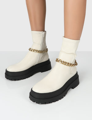 Tessa Cream Platform Chunky Chain Detail Ankle Boots