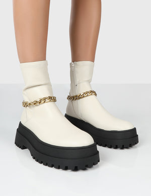 Tessa Cream Platform Chunky Chain Detail Ankle Boots