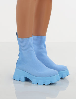 Trust Blue Chunky Sole Platform Sole Sock Ankle Boots