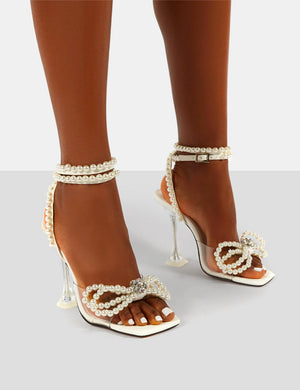 Glimmer White Wide Fit Wrap Around Pearl Square Toe Cake Stand Heels