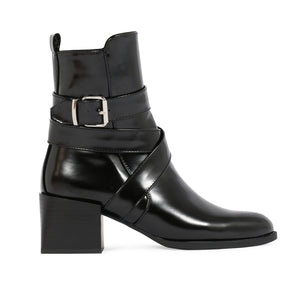 Willa Buckle Detail Cubed Heel Ankle Boots in Black High Shine