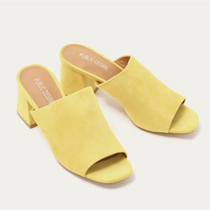 Promise Flared Block Heel Mules in Yellow Faux Suede