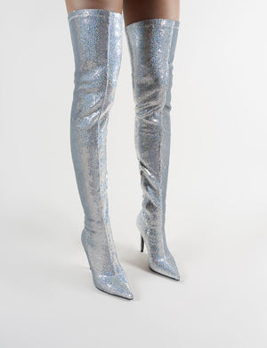 Dazzle Pointed Toe Over The Knee Boots in Silver Sequins