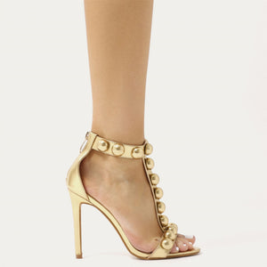 Faded T-bar Dome Stud Stiletto Heels in Gold