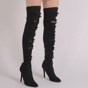 Ari Raw Ripped Denim Over The Knee Boots in Black
