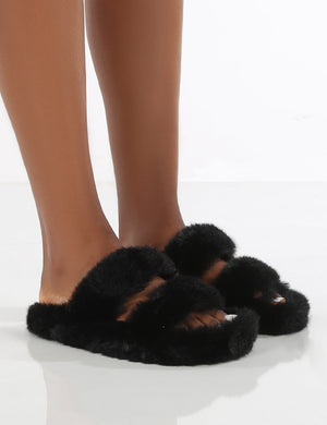 Bunny Black Double Strap Fluffy Slippers