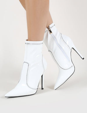Hotness Sock Fit Ankle Boots in White Patent