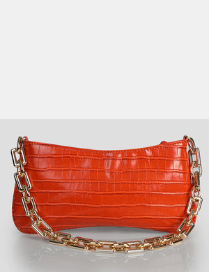 The Sadie Orange Croc Chain Detail Shoulder Bag