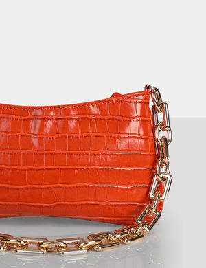 The Sadie Orange Croc Chain Detail Shoulder Bag